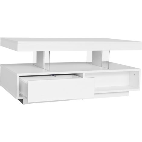 Table basse blanche laquée 95x50x42,5 cm avec 4 inserts en verre, 2 tiroirs et 2 niches ouvertes (1/5)
