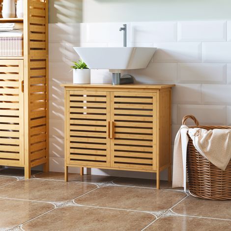 Meuble Sous Lavabo en Bambou Armoire de Salle de Bain au Sol avec 2 Portes 66x29x61,5 cm Naturel
