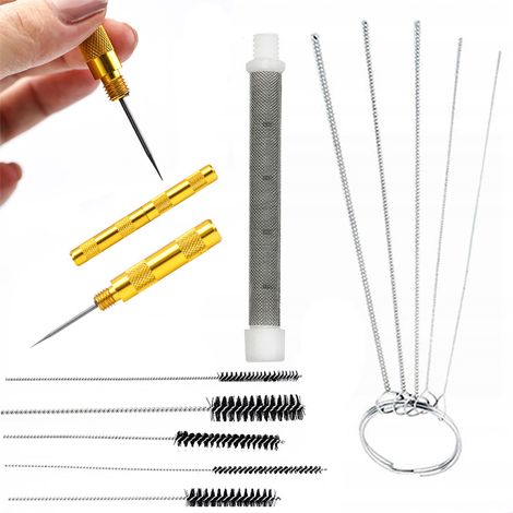 Rosfix Punch + Reinigungsstäbe, Bürsten zum Reinigen der Lackierpistole 5 Stk. + Metallreinigungsstäbe 5x + Weißer Fingerfilter 60 Mesh für die Lackiereinheit 1 Stk.