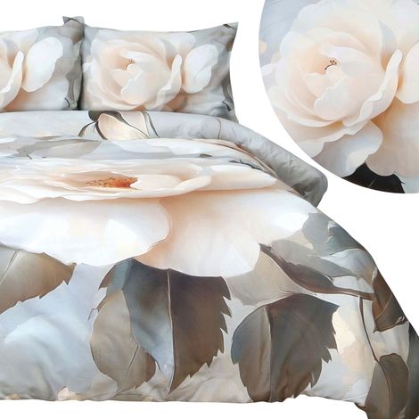Bettwäsche-Set 180x200 cm, Baumwollsatin, Digitaldruck mit weißen Rosen (1/5)