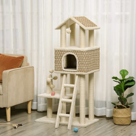 Tiragraffi per gatti 69x40x131 cm, con cuccia, palline gioco, tronchi in sisal, pannelli truciolari, kaki (1/5)