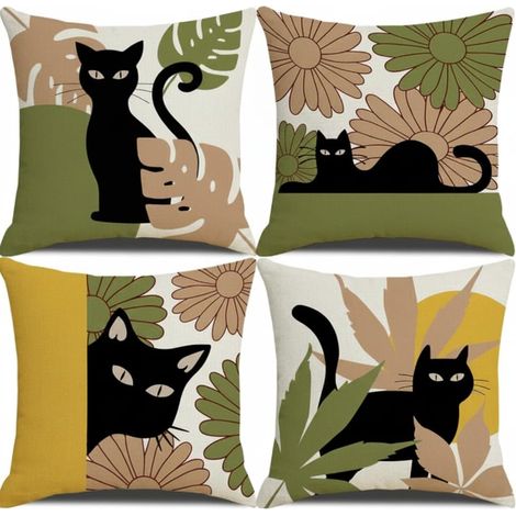 Housse de Coussin 45x45 cm, Lot de 4 Housses de Coussin Chat Noir et Floral Feuilles Abstraite Taie d'oreiller Décorative Carrée en Polyester (1/5)