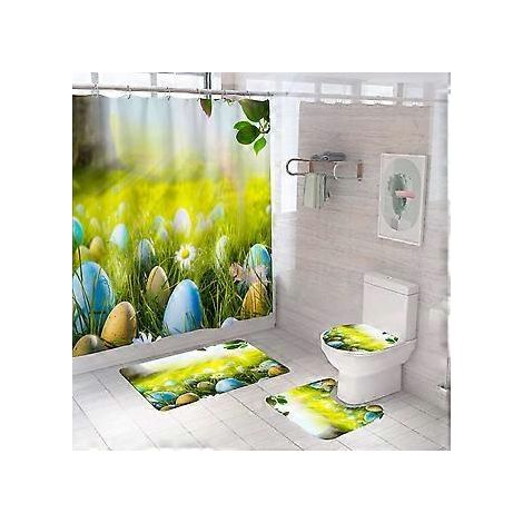 4-teiliges Oster-Duschvorhang-Set mit rutschfester Matte, Feder, WC-Deckel und Badematte, wasserdichter Duschvorhang für Badezimmer