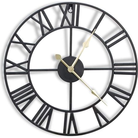 Horloge murale en métal de 16 pouces avec chiffres romains 3D, mouvement silencieux et à piles, superbe décoration murale pour cuisine, salon et ferme, noir