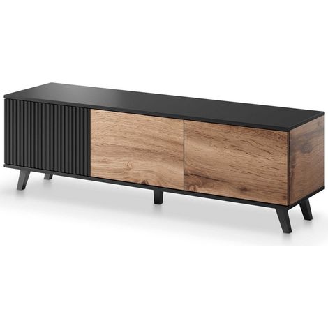 Meuble TV contemporain 3 portes aspect chêne wotan et noir 150cm PUMP (1/5)