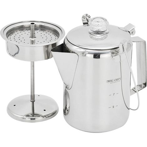 Caffettiera a percolazione da esterno in acciaio inox da 1,2 litri, 9 tazze, ideale per campeggio e cucina.