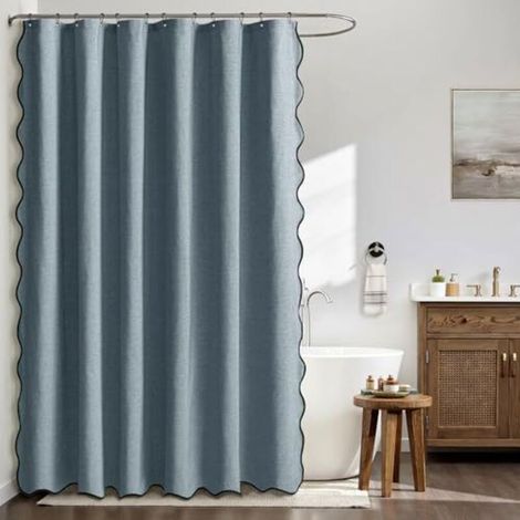 Strukturierter, gewellter Duschvorhang aus Leinen, 180 x 200 cm, Blau, luxuriöser, wasserdichter Duschvorhang, schimmelresistenter, waschbarer Stoff-Badezimmervorhang mit 12 Metallhaken.