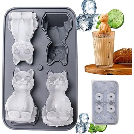 3D-Katzen-Eiswürfelform aus Silikon – Eiswürfelform mit Deckel – 4 Fächer – Grau – Große Eiswürfelform – Leicht zu entformen – Für Whisky und Bier (1/5)