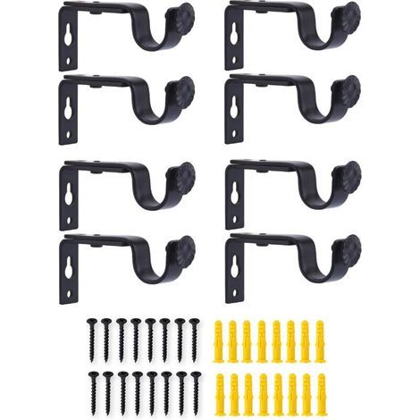 Lot de 8 supports de tringle à rideaux en métal réglables pour tringles à rideaux Noir Support mural avec vis pour chambre à coucher salle de bain (1/5)
