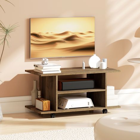 Meuble TV roulant 80 cm, support télé pour écran jusqu'à 42 pouces, colonne avec niches ouvertes, finition noyer (1/5)