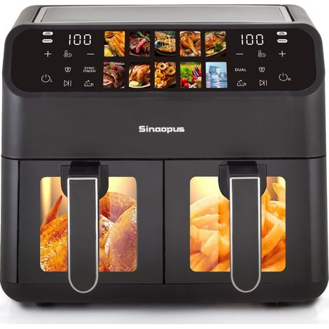 Friteuse à air double chambre XXL 9L - Minuterie/réglable 80-200°C, 10 en 1, écran LED, idéale famille 36x32x31cm - Noir