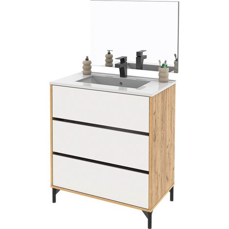 Meuble sous-vasque sur pieds à 3 tiroirs avec miroir (sans lavabo) coloris Blanc/Chêne - Longueur 80,5 x Hauteur 91 x Profondeur 45,5 cm (1/5)