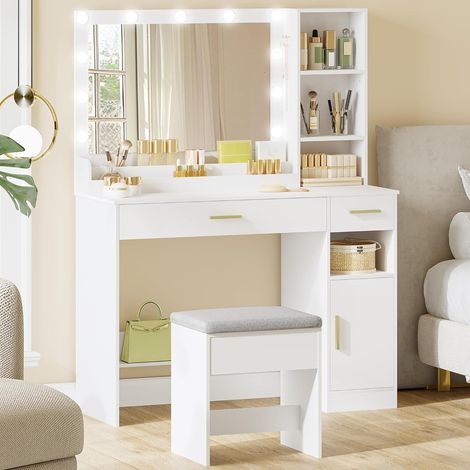 Coiffeuse enfant avec miroir LED et tabouret – 11 lampes – Luminosité réglable – Dimensions 40x108x141 cm – Rangement avec tiroirs (1/5)