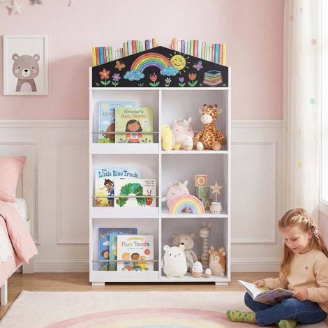 Children's Bookshelf, House-Shaped Storage Unit with Shelves, Chalkboard, Compartments, and Anti-Fall Baffles, White (1/5)