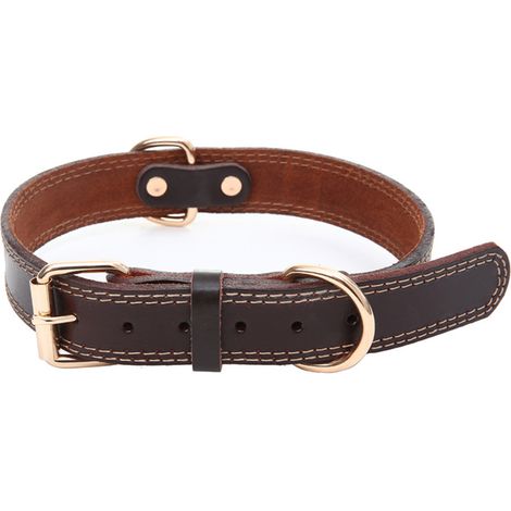 Collier Pour Chien - Cuir Véritable - Boucle En Alliage - Double Anneau D - Pour Chiens Moyens - 1 Pièce (1/5)