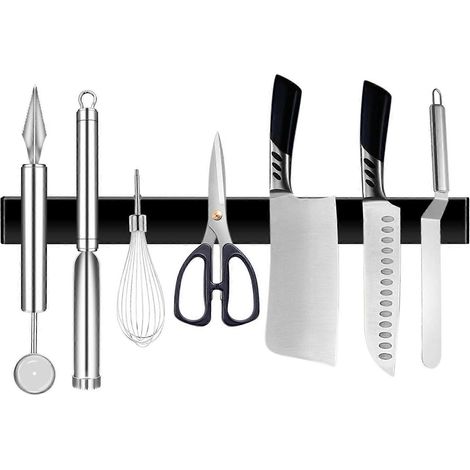 Barre magnétique en acier inoxydable pour couteaux - 30 cm - Extra forte - Auto-adhésive - Support magnétique de qualité supérieure pour couteaux et ustensiles de cuisine (Noir) (1/4)