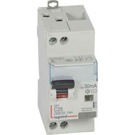 Disjoncteur différentiel monobloc DX³6000 10kA arrivée haute et départ bas à vis U+N 230V - 25A - typeAC 30mA - LEGRAND
