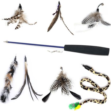 Jouet à plumes pour chat, baguette interactive pour chat avec plumes d'oiseau à recharger, mouvement de poursuite (1/3)