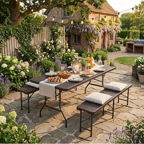 Mesa de picnic plegable 180 x 74 cm con 2 bancos, 3 piezas, marrón DESVIAE (1/5)