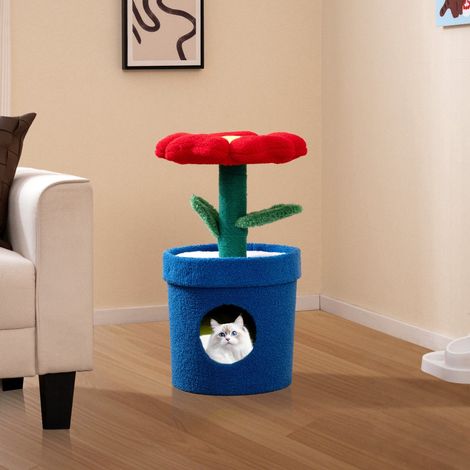 Tiragraffi per gatti da interno, modello Flower Condo, con piattaforma imbottita, colore rosso. (1/5)