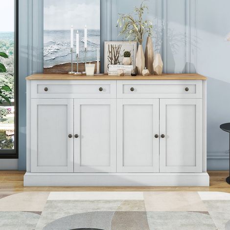 Grand buffet 4 portes et 2 tiroirs, meuble moderne pour salle à manger et salon, 150 x 86 x 40 cm, coloris blanc antique et bois naturel (1/5)