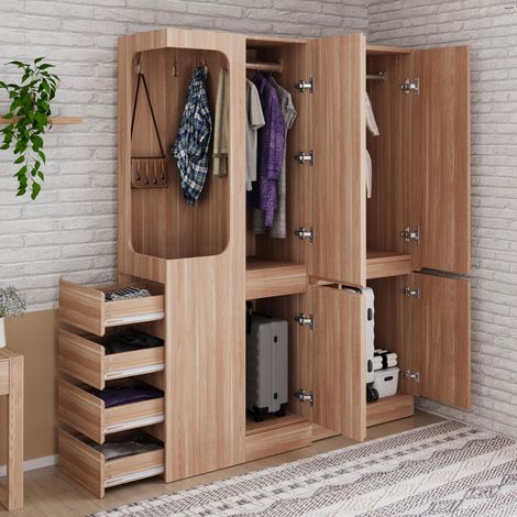 Armoire extra-large 140 x 40 x 170 cm, avec tiroirs et compartiments de rangement, espace armoire ouvert avec espace de rangement, couleur bois (côté gauche)
