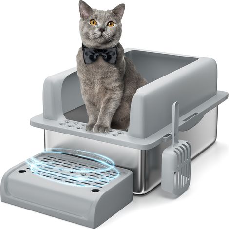 Bac à litière XXL chat acier inoxydable – Couvercle, marche antidérapante, parois hautes – Nettoyage facile – Anti-odeur – Pelle fournie – Pour grands chats ou multiples – Gris foncé, 6 pouces (1/5)