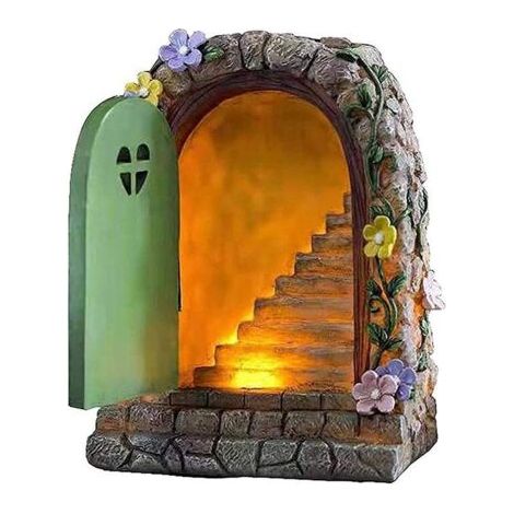 RHG Statue de Porte de Fée, Matériau en Résine Peinte à la Main Décoration de Porte en Pierre de Jardin de Fée Lumineuse Statue de Porte de Fée Solaire Panneaux Solaires étanches (1/4)