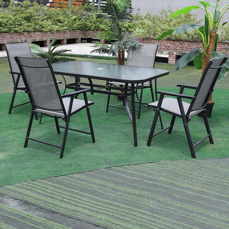 Set of 5 Garden 150CM Ripple Glass Rectangle Umbrella Table and Folding Chairs Set, Black (1/5)
