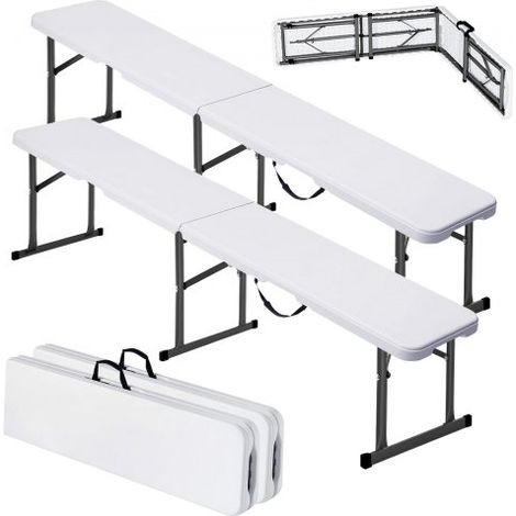 Banc pliant en plastique, 1820 mm, banc d'extérieur pliable portable, lisse en PEHD imperméable, siège de pique-nique, de salle à manger avec poignée de transport, pour jardin, blanc (2 pièces) (1/4)
