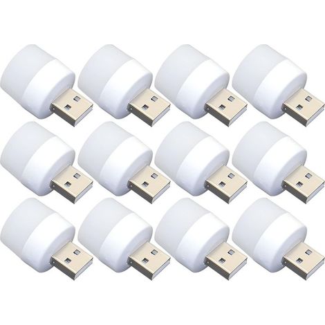 Lot de 12 mini ampoules LED USB de nuit, sans capteur de lumière, à brancher, blanc, compact, idéal pour chambre, salle de bain, cuisine, voiture (1/4)