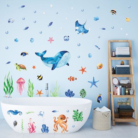 Pegatinas de pared con temática marina, calcomanías de peces, pegatinas de ballenas para la habitación de los niños, la habitación del bebé, la guardería y el baño. (1/5)