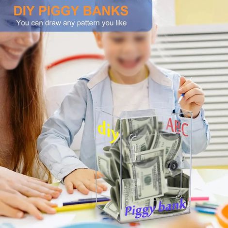 Tirelire transparente en acrylique pour adultes et enfants, tirelire verrouillable avec pièces de monnaie, conteneurs d'économie d'argent, cadeau d'anniversaire (1/5)