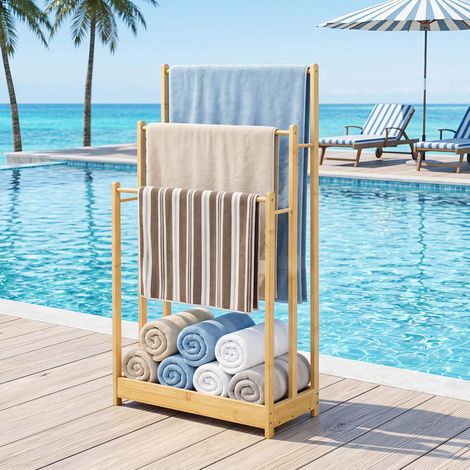 À poser, porte-serviettes en bambou 3 niveaux avec étagère de rangement pour séchage des serviettes (1/5)