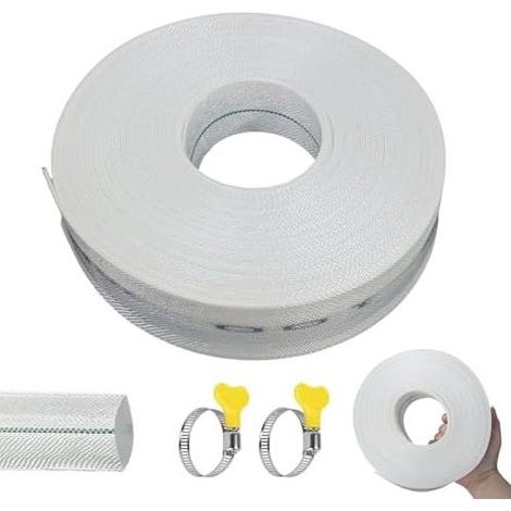 Flachschlauch, 20 m, Ø 32 mm, mit Schlauchschelle, 1 1/4 Zoll, Bewässerung, für Gartenbewässerung, Tauchpumpen, Weiß (1/5)