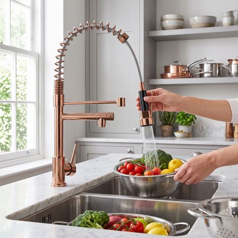 Comanlai - Mitigeur de Cuisine Or Rose avec Douchette Extractible - Robinet d'Évier Pivotant à 360°, Haute Pression à 2 Modes de Pulvérisation, Corps en Laiton Élégant (1/5)