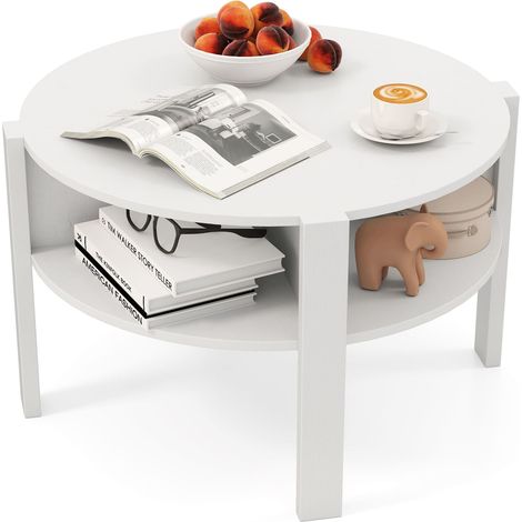 COSTWAY 2-Tier Round Coffee Table 74cm Tea Cocktail Table w/ Storage-White (1/5)