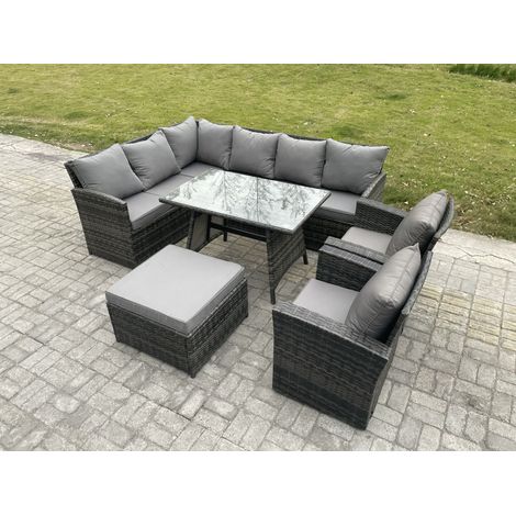 Fimous 9 Seater Rattan Garden Furniture Sets High Back Corner Sofa Rectangular Dining Table Set with Big Footstool 2 Armchairs Dark Grey Mixed