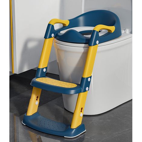 Réducteur WC Enfant Avec Marche - 1 Unité - PP Et TPE - Pliable Et Réglable - Pour Toilettes Rondes - Bleu Et Jaune
