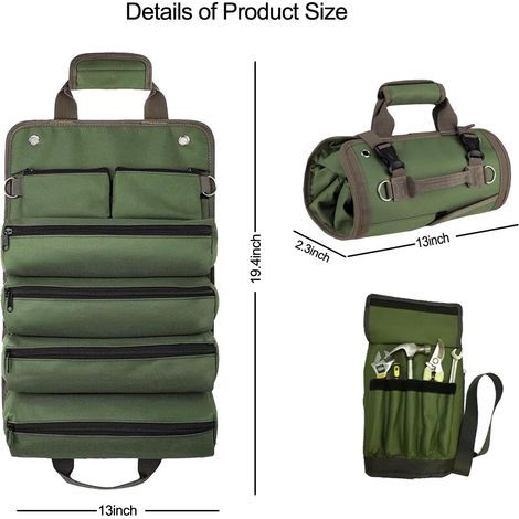 Aufrollbare Werkzeugtasche mit 2 kleinen, herausnehmbaren Reißverschlussfächern. Kompakt und robust für die Aufbewahrung. (1/5)