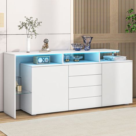 Credenza 160 x 35 x 70 cm, 2 ante, 4 cassetti con illuminazione a LED, ripiano in vetro, truciolare, bianco