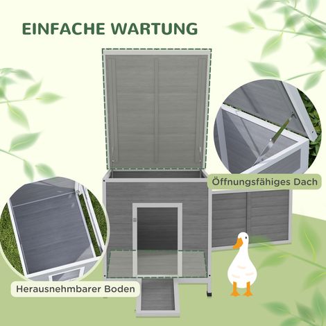 Canardière en bois gris clair avec toit bitumé, plancher démontable, porte latérale, poulailler ventilé, résistant aux intempéries pour canards, oies, 63x82x76 cm (1/4)