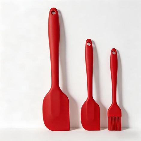 3-teiliges Silikon-Küchenhelfer-Set: Hitzebeständiger Spatel & Backpinsel (Rot)