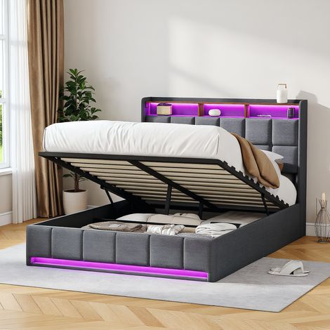 Polsterbett 140x200 cm, Doppelbett mit Hydraulischem Stauraum, mit LED und USB-Ladestation, Modernes Jugendbett, Bett mit Kopfteil und Lattenrost, Leinen Grau, Ohne Matratze