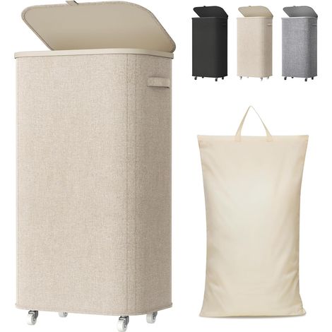 Panier a Linge Sale avec Couvercle et 4 Roulettes (à assembler), Corbeille Linge Pliable avec Sac Amovible, Bac Linge, Laundry Basket pour Chambre, Salle de Bain, Buanderie, 105L, Beige (1/5)