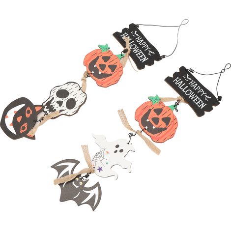 Lot de 2 panneaux suspendus en bois, décorés de citrouilles, fantômes, chauves-souris, crânes et chats noirs, pour fêtes à la maison ou en extérieur. (1/5)
