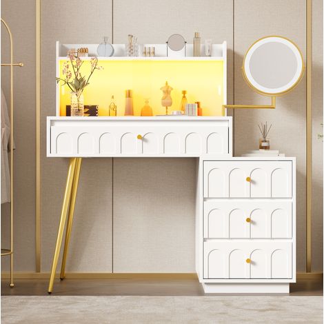 Tocador de MDF blanco con espejo LED giratorio, 4 cajones y puertas correderas de cristal (1/5)