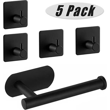 Soporte para papel higiénico autoadhesivo, dispensador de papel higiénico y 4 ganchos adhesivos, soporte de acero inoxidable para baño y cocina, no requiere perforación (negro) - Fei Yu (1/5)