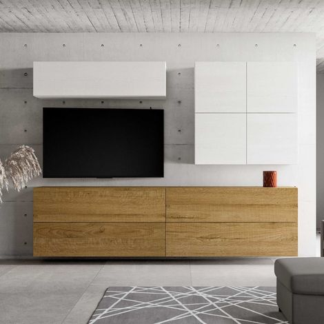 Parete attrezzata in legno sospesa moderna L.308xP.39,5 bianco e quercia A103 (1/5)