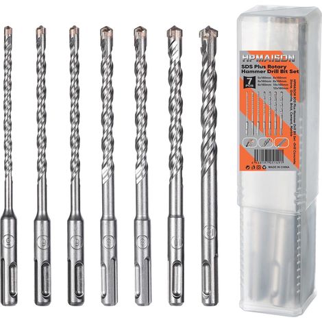 Lot de 7 forets à béton SDS Plus - Foret pour marteau perforateur pour béton avec 4 tranchants dans les tailles 5, 6, 8, 8, 10, 12 x 160 mm, avec boîte de rangement (1/5)
